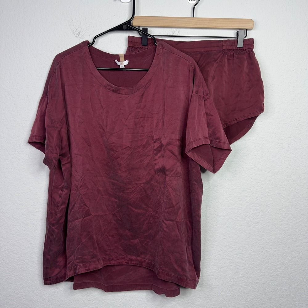 Lunya Good In Bed Washable Silk 2 Piece Pajama Set Women M Burgundy Lounge Sleep